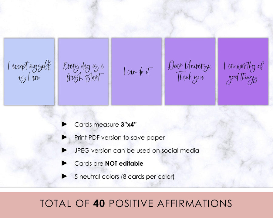 40 Positive Affirmation Cards - Purple - Sweet Summer Designs