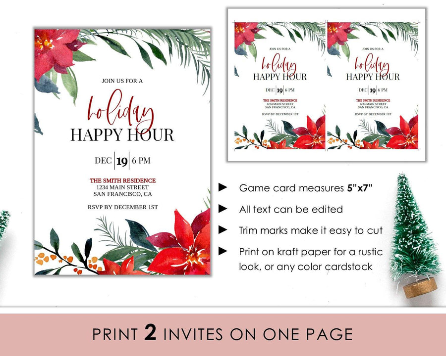 Invitation - Holiday Happy Hour - Editable - Red Floral - Sweet Summer Designs