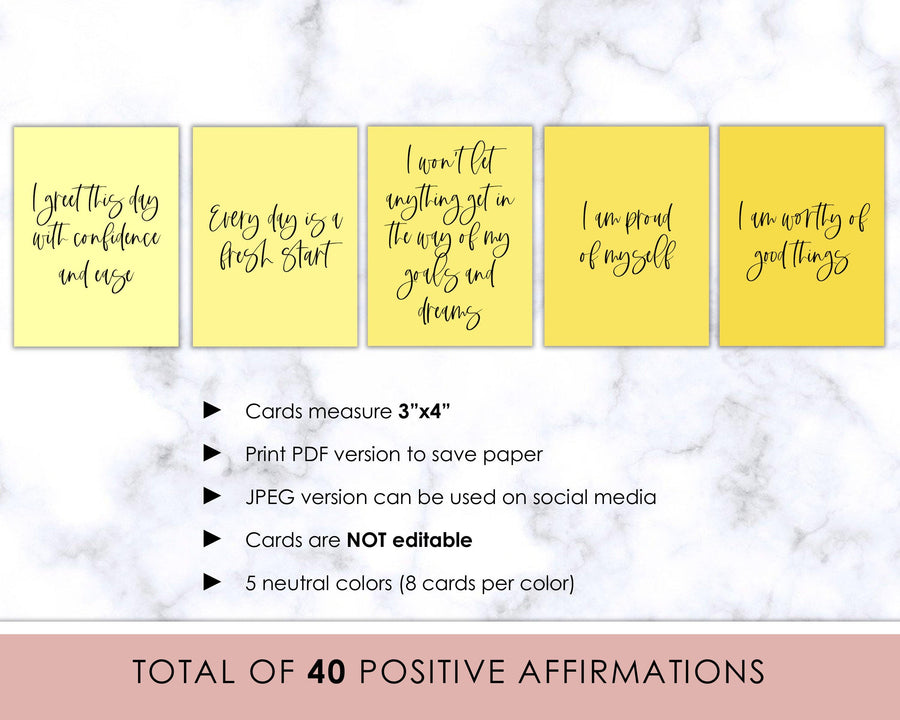 40 Positive Affirmation Cards - Yellow - Sweet Summer Designs