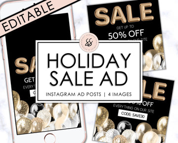 Editable Instagram Posts - Holiday Ad - Gold Balloons - Sweet Summer Designs