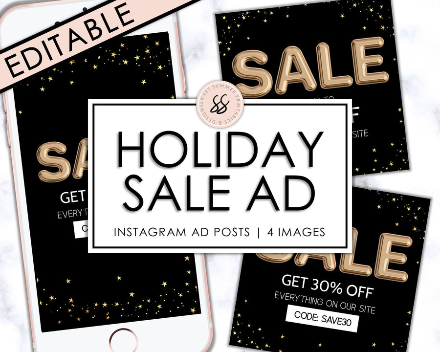 Editable Instagram Posts - Holiday Ad - Gold Stars - Sweet Summer Designs