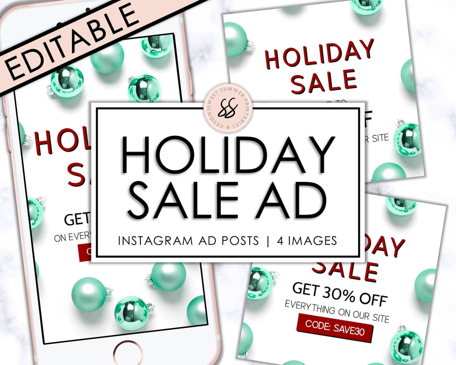 Editable Instagram Posts - Holiday Ad - Mint Ornaments - Sweet Summer Designs