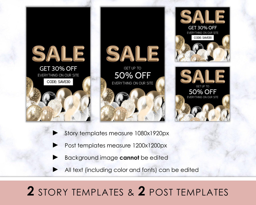 Editable Instagram Posts - Holiday Ad - Gold Balloons - Sweet Summer Designs