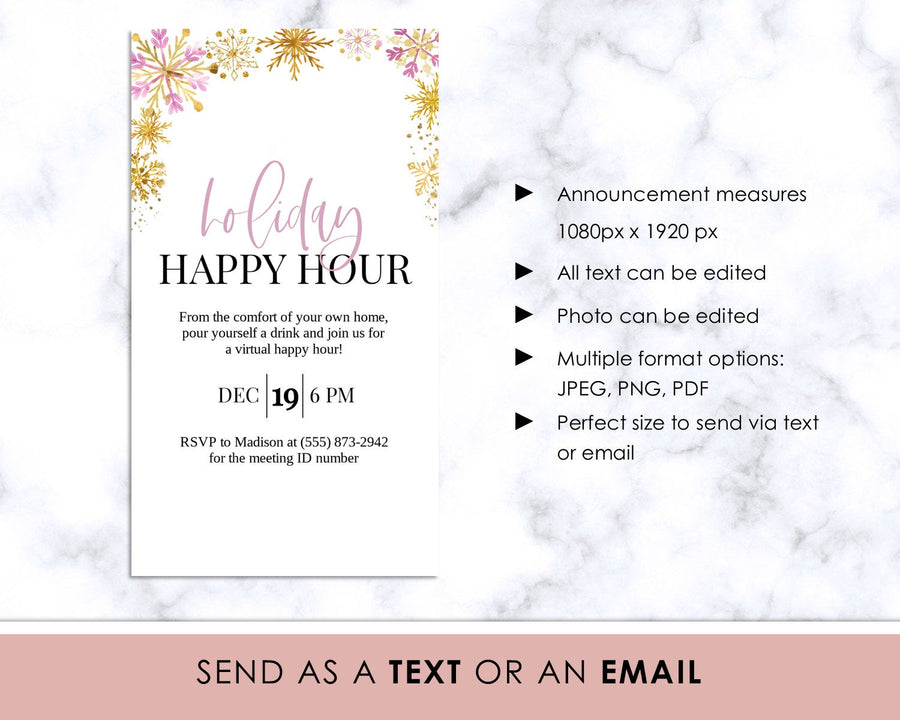 Digital Announcement - Holiday Happy Hour - Pink and Hold Snowflakes