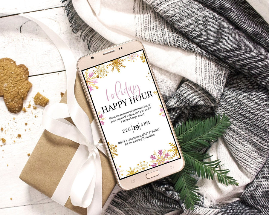 Digital Announcement - Holiday Happy Hour - Pink and Gold Snow