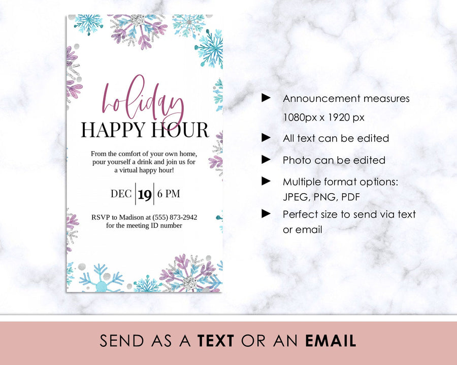 Digital Announcement - Holiday Happy Hour - Purple and Blue Snowflakes