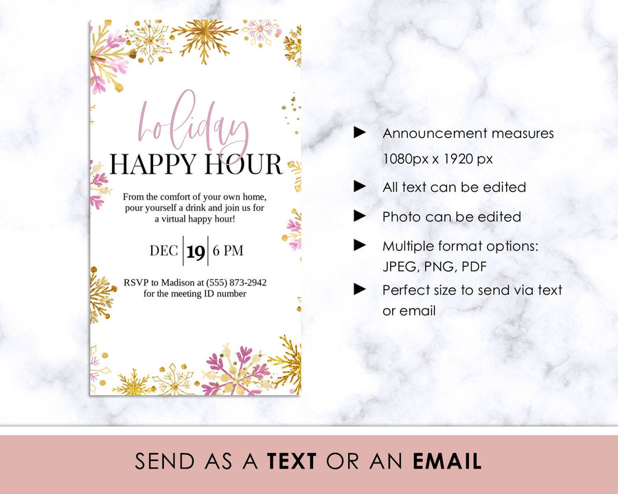 Digital Announcement - Holiday Happy Hour - Pink and Gold Snow