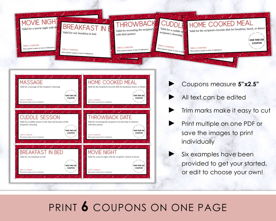 Editable Love Coupons - Red Glitter
