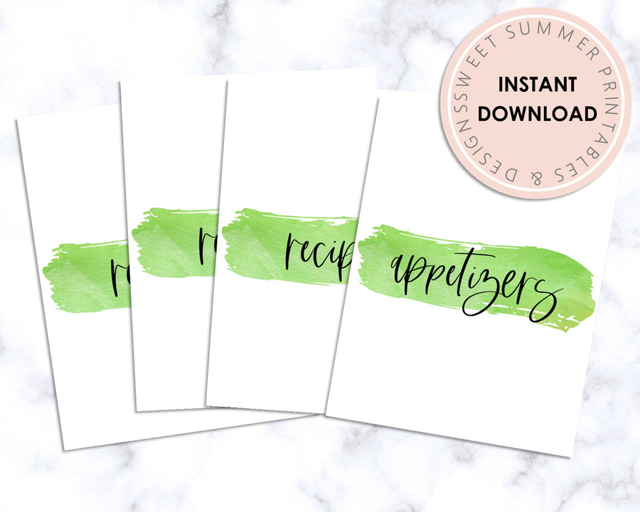 Recipe Binder Dividers - Green Watercolor