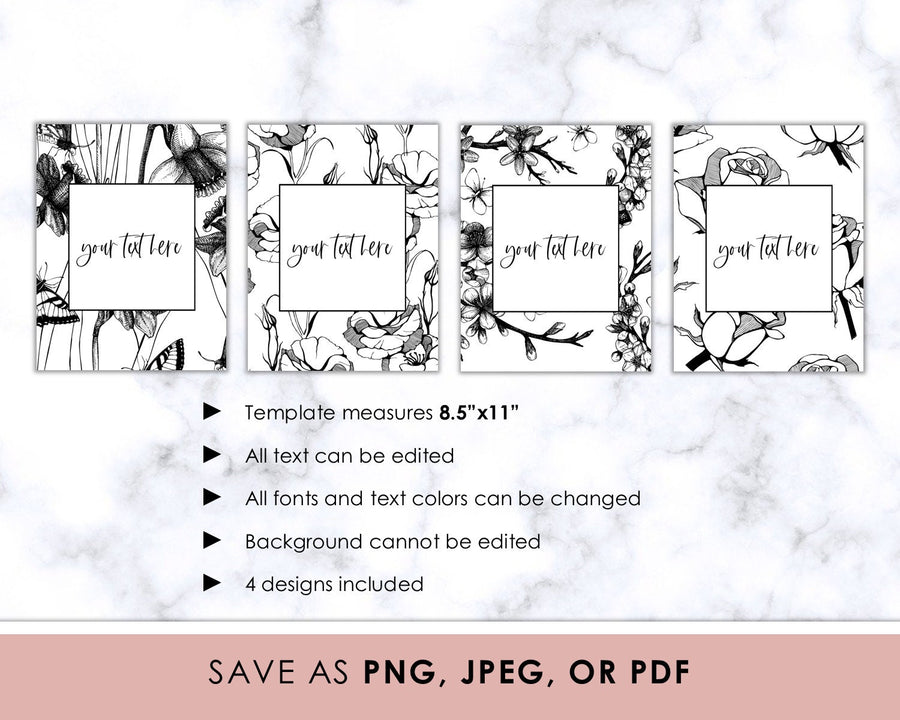 Binder Covers - Editable - Black and White Floral