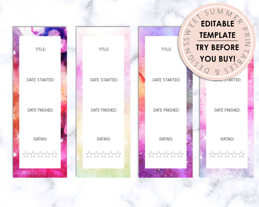 Bookmarks - Editable - Pink Galaxy Book Review