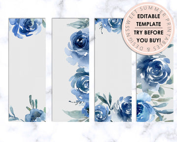 Bookmarks - Editable - Watercolor Blue Floral