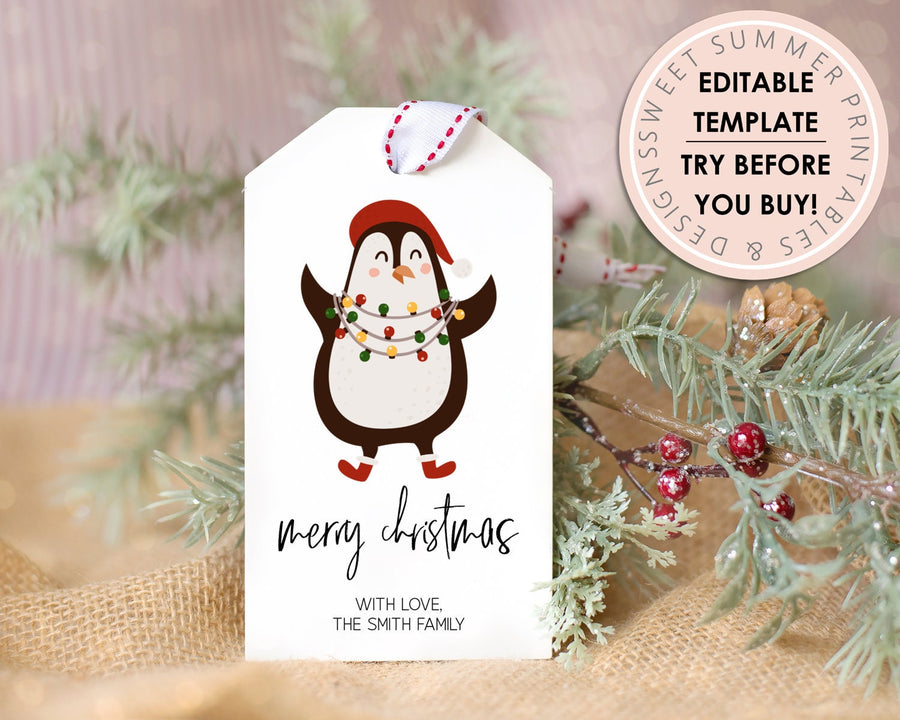 Editable Christmas Gift Tag - Penguin