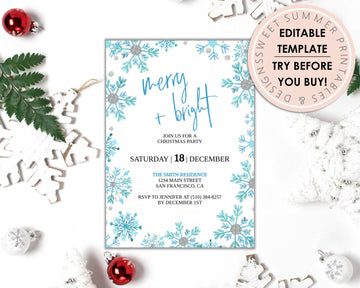 Editable Christmas Invitation - Merry and Bright Snowflakes