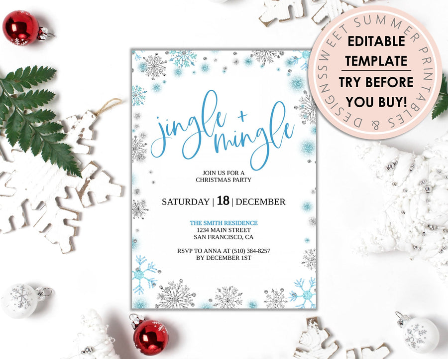 Editable Christmas Invitation - Jingle & Mingle Silver Snowflakes