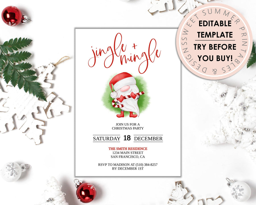 Editable Christmas Invitation - Jingle & Mingle Holiday Gnome