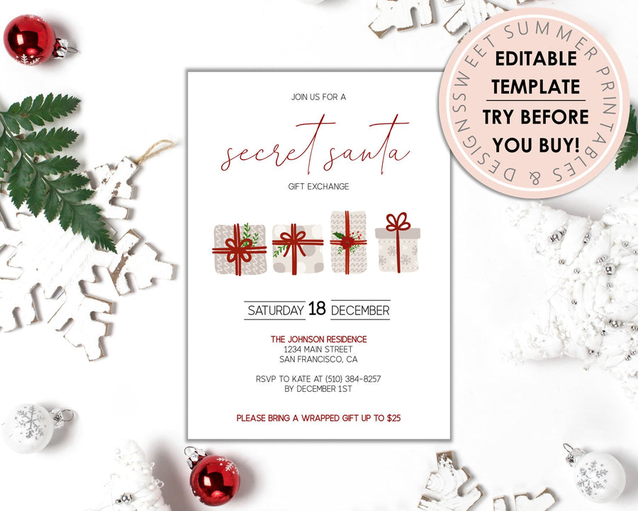 Editable Christmas Invitation - Secret Santa Rustic