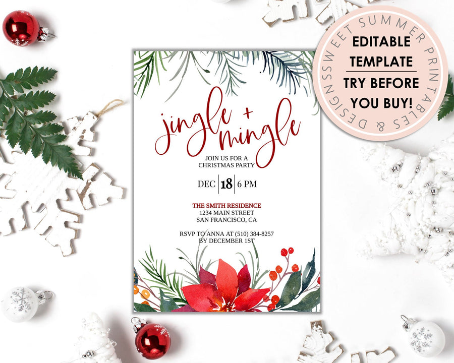 Editable Christmas Invitation - Jingle & Mingle Red Floral