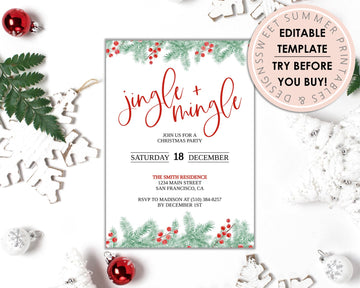 Editable Christmas Invitation - Jingle & Mingle Holly