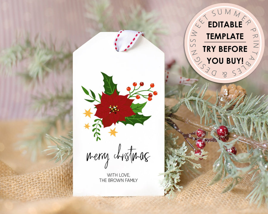Editable Christmas Gift Tag - Poinsettia