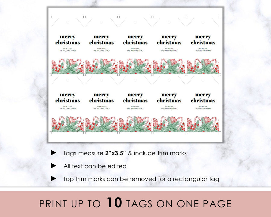 Editable Christmas Gift Tag - Peppermint Greenery