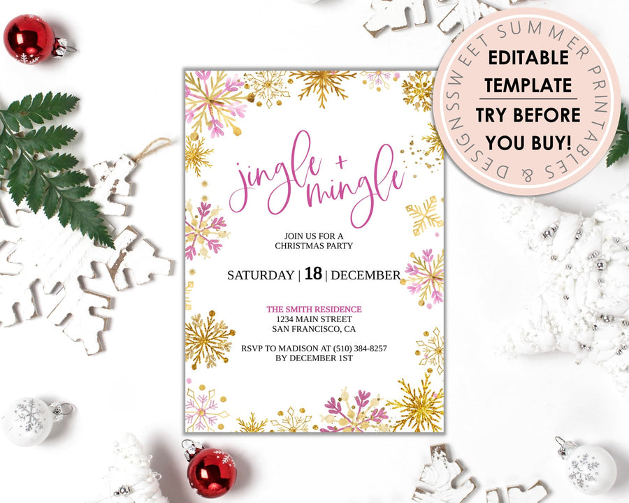 Editable Christmas Invitation - Pink Snowflakes