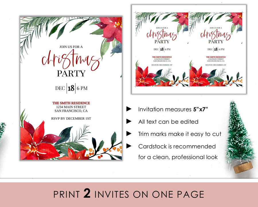 Editable Christmas Invitation - Christmas Party Red Floral