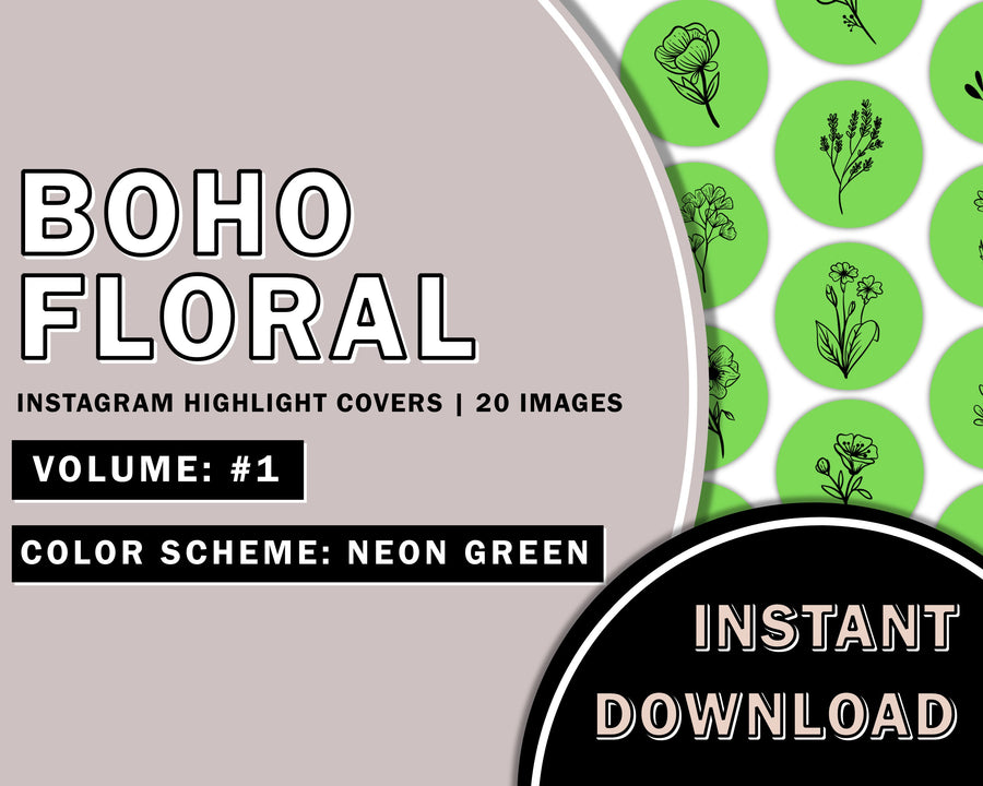 20 Hand Drawn Floral Neon Green Instagram Highlight Covers, Salon Highlight, Minimalist Highlight Covers, Instagram Boho Highlight Cover