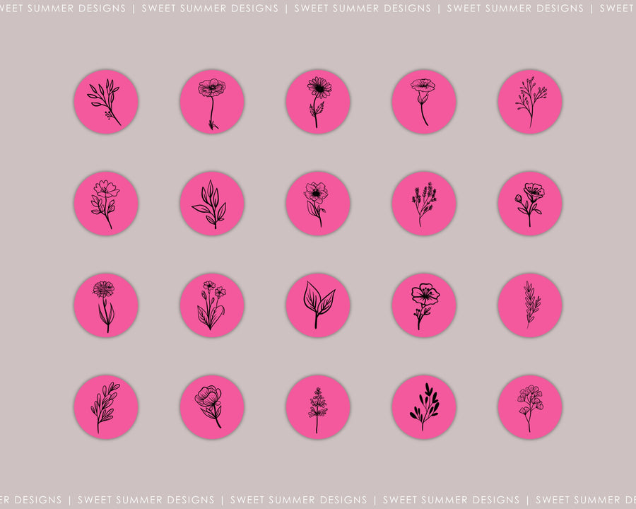 20 Hand Drawn Floral Hot Pink Instagram Highlight Covers, Salon Highlight, Minimalist Highlight Covers, Instagram Boho Highlight Cover