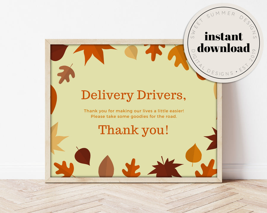 Leaves & Acorns Delivery Drivers Sign Printable, Delivery Drivers Printable, Delivery Drivers Thank You, 8x10 Printable, Printable Thank You