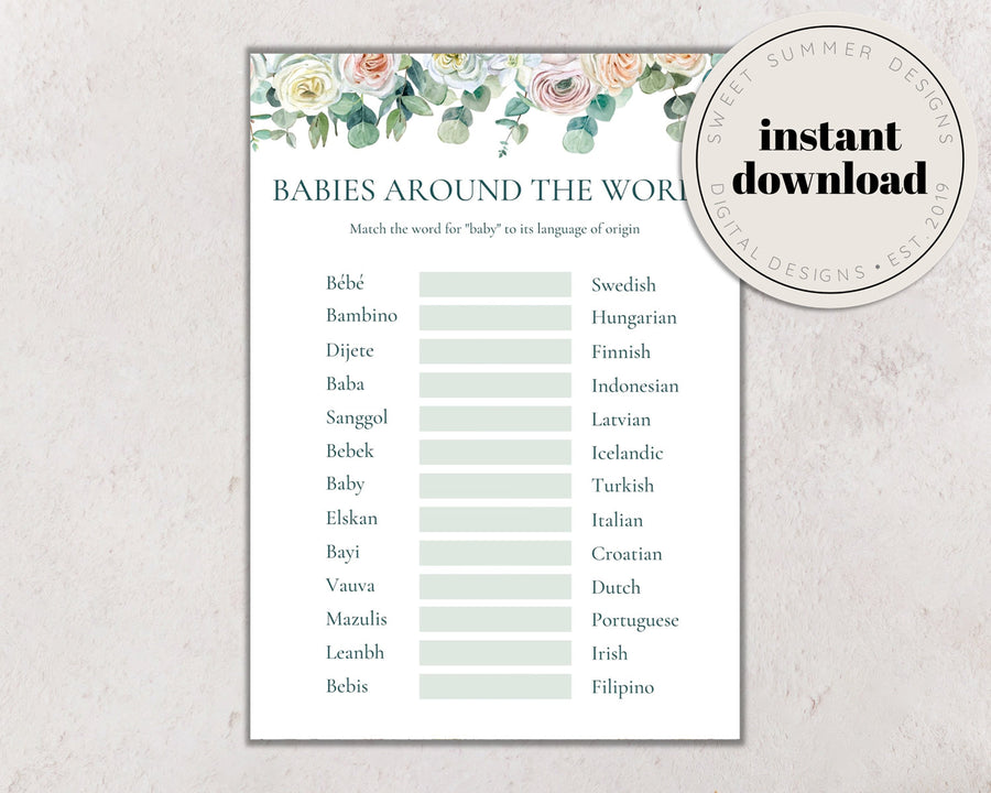 Eucalyptus Floral Baby Shower Around The World Game Printable, Language Game, Spring Baby Shower Games, Shower Printable, Summer Baby