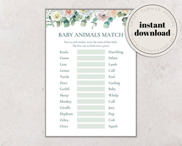 Eucalyptus Floral Baby Shower Animals Matching Game Printable, Match Game, Spring Baby Shower Games, Shower Printable, Summer Baby