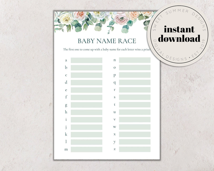 Eucalyptus Floral Baby Shower Baby Name Race Game Printable, Name Race Card, Spring Baby Shower Games, Shower Printable, Summer Baby