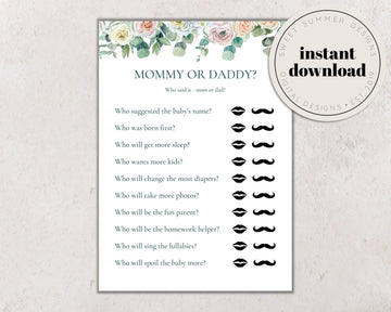 Eucalyptus Floral Baby Shower Mom or Dad Game Printable, Mom or Dad Game Card, Spring Baby Shower Games, Shower Printable, Summer Baby