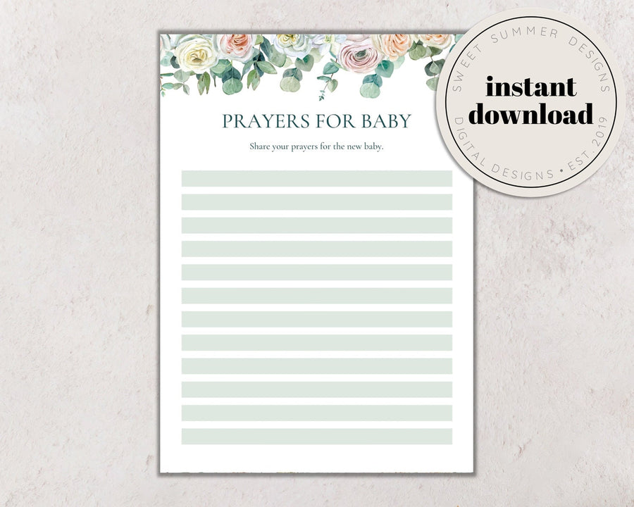 Eucalyptus Floral Baby Shower Prayers For Baby Printable, Prayers For Baby Card, Spring Baby Shower Games, Shower Printable, Prayers Card