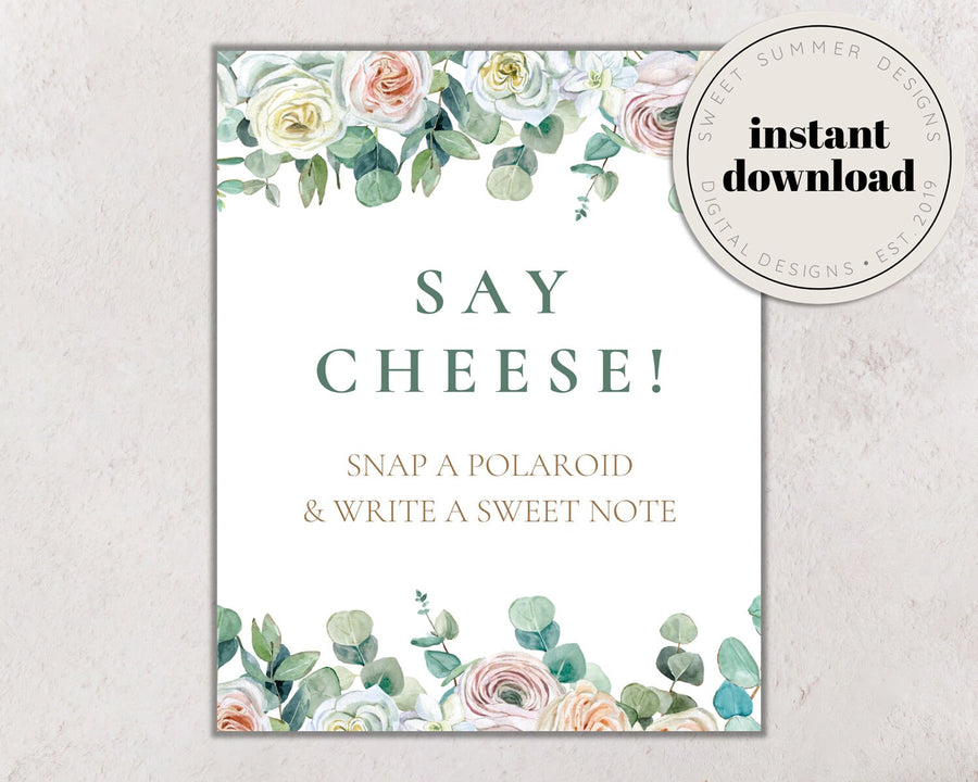 Eucalyptus Floral Baby Shower Say Cheese Sign Printable, Photo Sign, Baby Shower Sign, Spring Baby Shower Game, Shower Printable