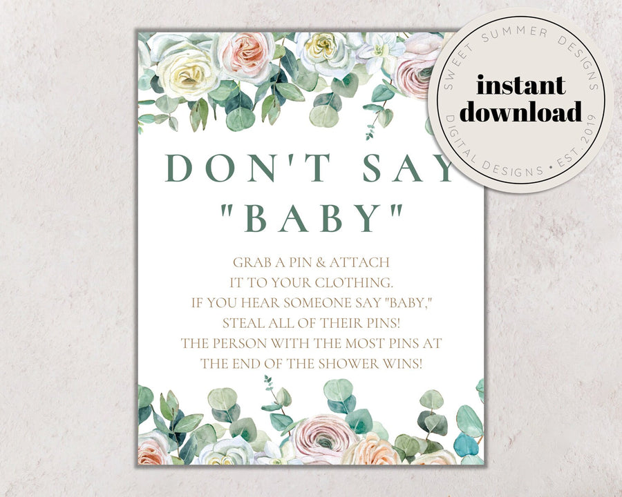 Eucalyptus Floral Baby Shower Don't Say Baby Sign Printable, Clothespin Game Sign, Shower Sign, Spring Baby Shower Game, Shower Printable