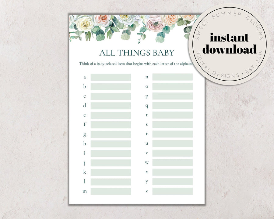 Eucalyptus Floral Baby Shower All Things Baby Game Printable, All Things Baby Game, Spring Baby Shower Games, Shower Printable, Summer Baby