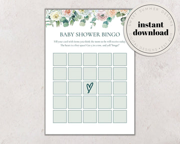 Eucalyptus Floral Baby Shower Baby Bingo Game Printable, Bingo Game Card, Spring Baby Shower Games, Shower Printable, Summer Baby