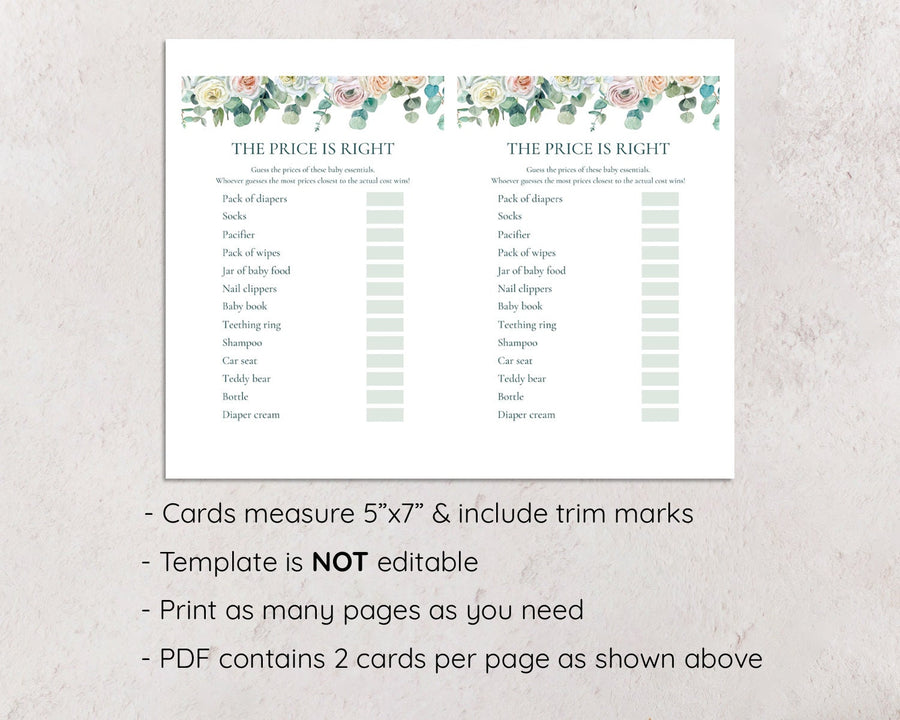 Eucalyptus Floral Baby Shower Price Is Right Game Printable, Price Is Right Game Card, Spring Baby Shower Games, Shower Printable