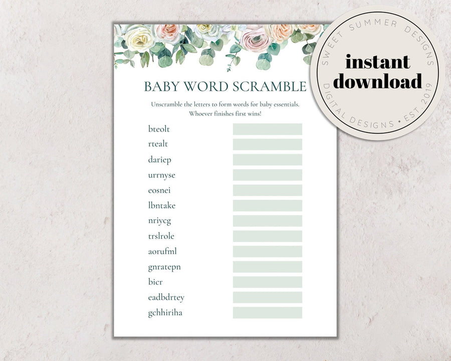 Eucalyptus Floral Baby Shower Word Scramble Game Printable, Word Scramble Game Card, Spring Baby Shower Games, Shower Printable