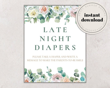 Eucalyptus Floral Baby Shower Late Night Diapers Sign Printable, Diapers Sign, Shower Sign, Spring Baby Shower Game, Shower Printable